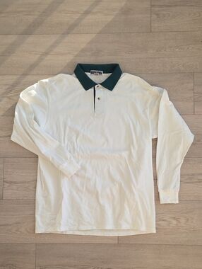 Jerzees Long-Sleeve Polo Shirt in White with Dark Green Collar